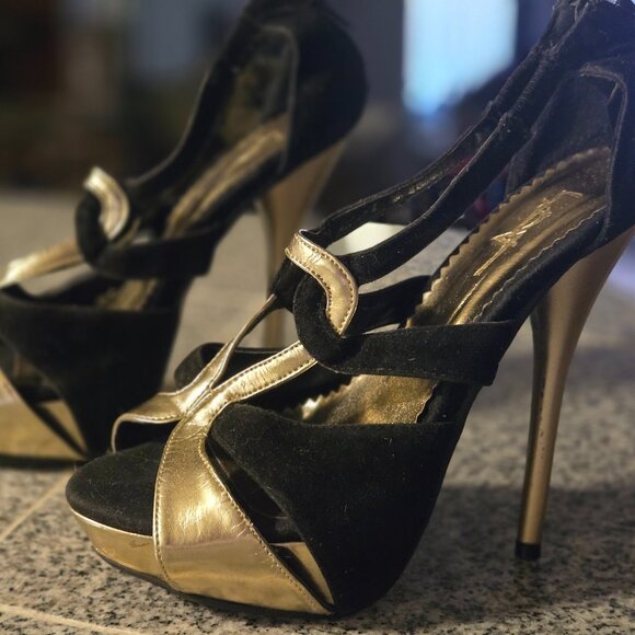 Shoes - Black Suede and Gold Heels
